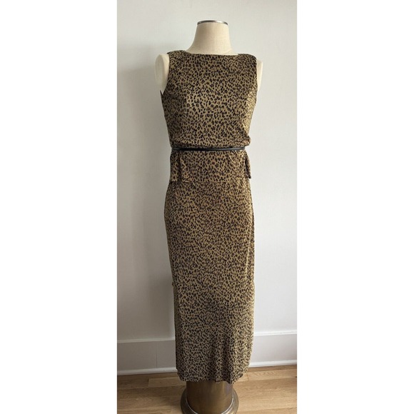 Vtg 90s Scarlett Leopard Print Sheath Textured Maxi Dress w/ Waist Tie | Sz 5/6 - Picture 1 of 6